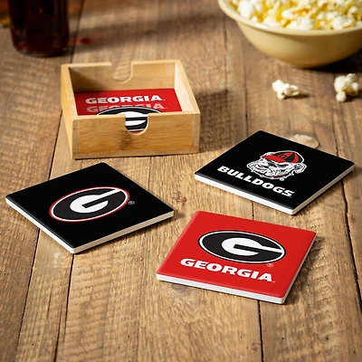 Georgia Bulldogs Four-Piece Ceramic Coaster Set with Wood Caddy