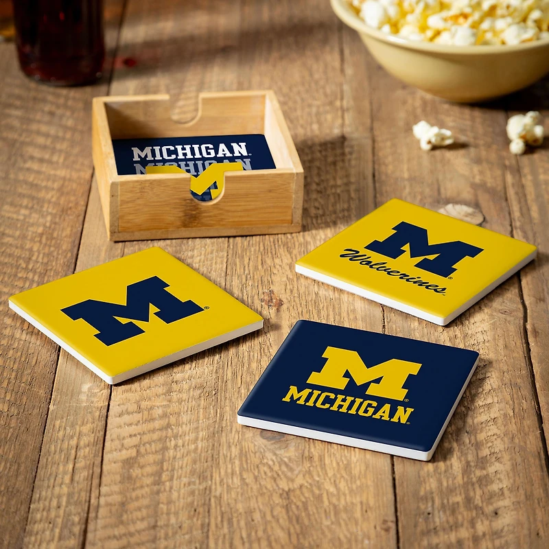 Michigan Wolverines Four-Piece Ceramic Coaster Set with Wood Caddy