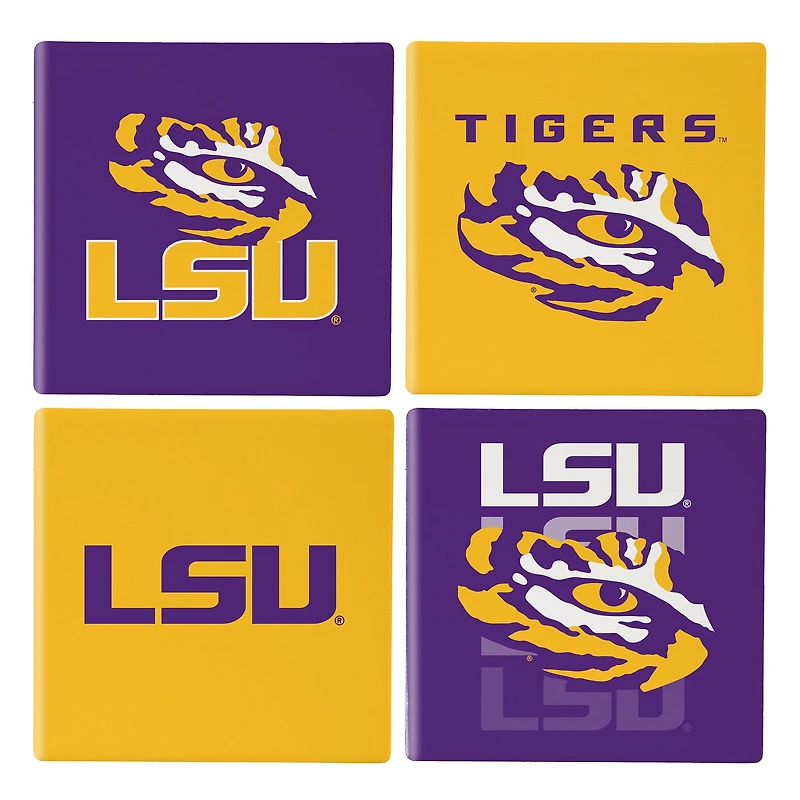 LSU Tigers Four-Piece Ceramic Coaster Set with Wood Caddy