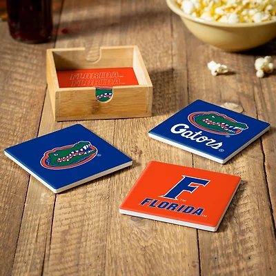 Florida Gators Four-Piece Ceramic Coaster Set with Wood Caddy