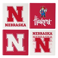 Nebraska Huskers Four-Piece Ceramic Coaster Set with Wood Caddy