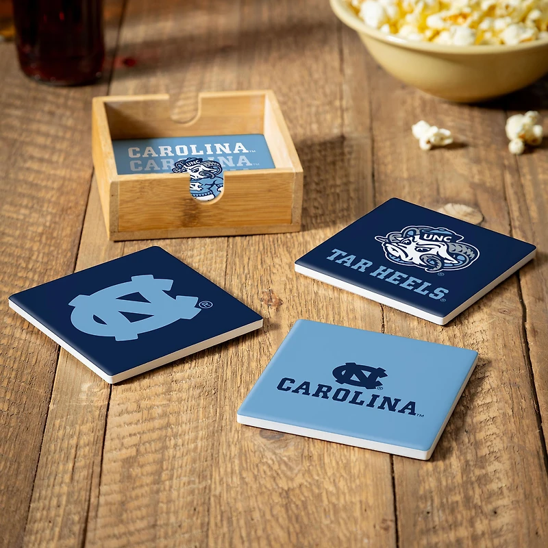 North Carolina Tar Heels Four-Piece Ceramic Coaster Set with Wood Caddy