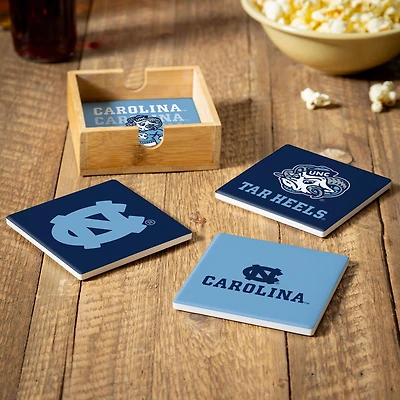 North Carolina Tar Heels Four-Piece Ceramic Coaster Set with Wood Caddy