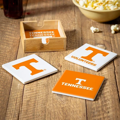 Tennessee Volunteers Four-Piece Ceramic Coaster Set with Wood Caddy