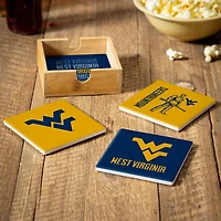 West Virginia Mountaineers Four-Piece Ceramic Coaster Set with Wood Caddy