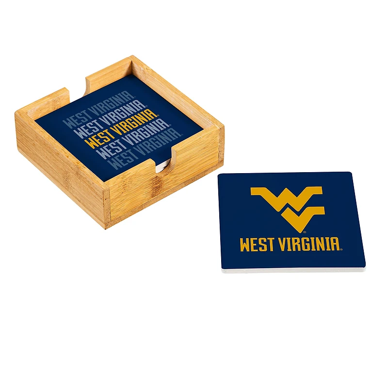 West Virginia Mountaineers Four-Piece Ceramic Coaster Set with Wood Caddy