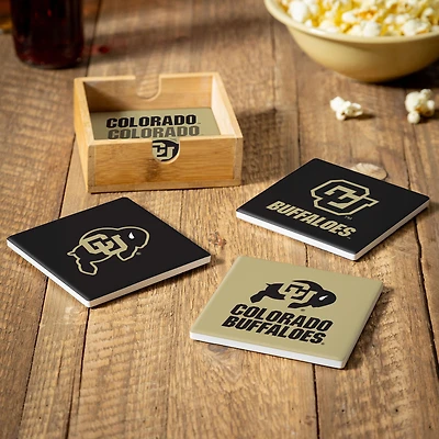 Colorado Buffaloes Four-Piece Ceramic Coaster Set with Wood Caddy