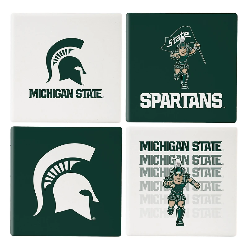 Michigan State Spartans Four-Piece Ceramic Coaster Set with Wood Caddy