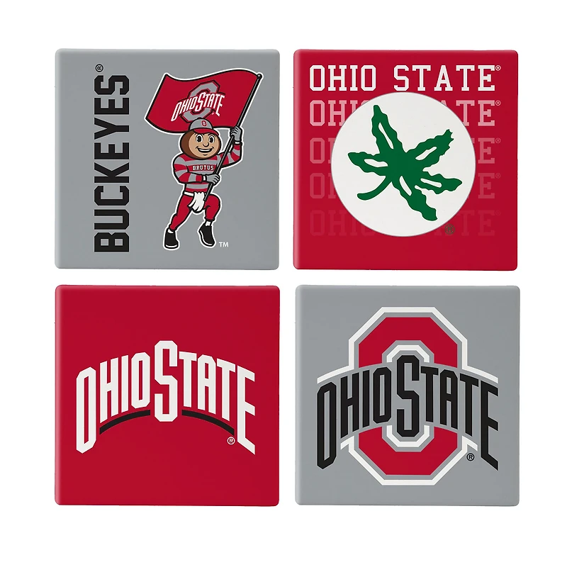 Ohio State Buckeyes Four-Piece Ceramic Coaster Set with Wood Caddy