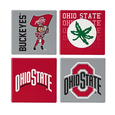 Ohio State Buckeyes Four-Piece Ceramic Coaster Set with Wood Caddy