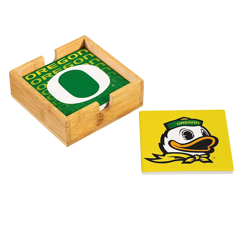 Oregon Ducks Four-Piece Ceramic Coaster Set with Wood Caddy