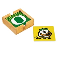 Oregon Ducks Four-Piece Ceramic Coaster Set with Wood Caddy