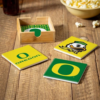 Oregon Ducks Four-Piece Ceramic Coaster Set with Wood Caddy