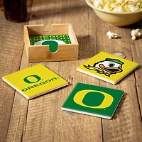 Oregon Ducks Four-Piece Ceramic Coaster Set with Wood Caddy