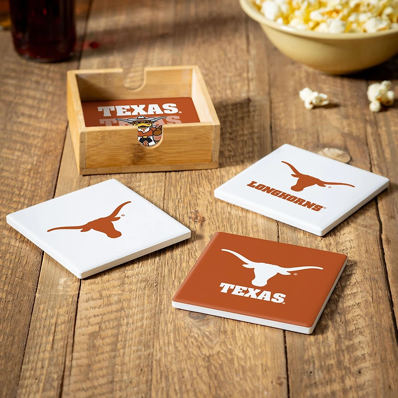 Texas Longhorns Four-Piece Ceramic Coaster Set with Wood Caddy
