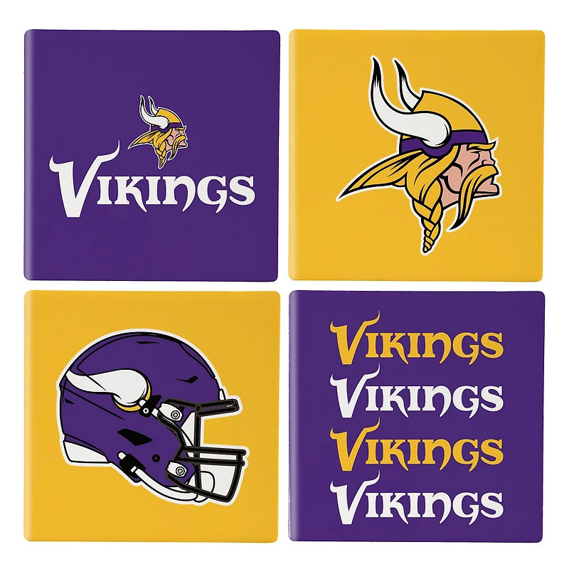 Minnesota Vikings Four-Piece Ceramic Coaster Set with Wood Caddy