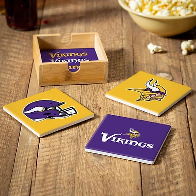 Minnesota Vikings Four-Piece Ceramic Coaster Set with Wood Caddy