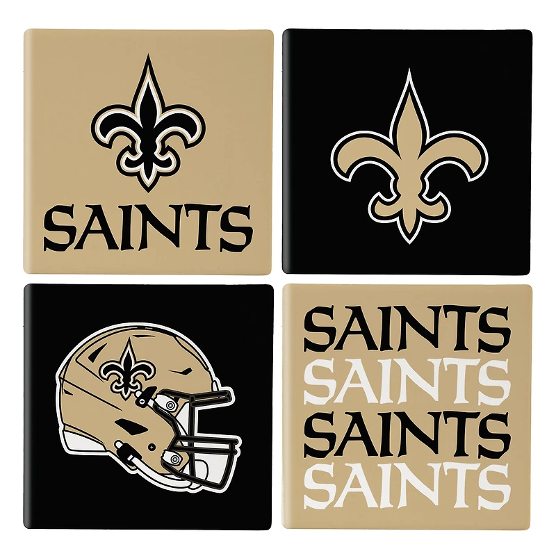 New Orleans Saints Four-Piece Ceramic Coaster Set with Wood Caddy