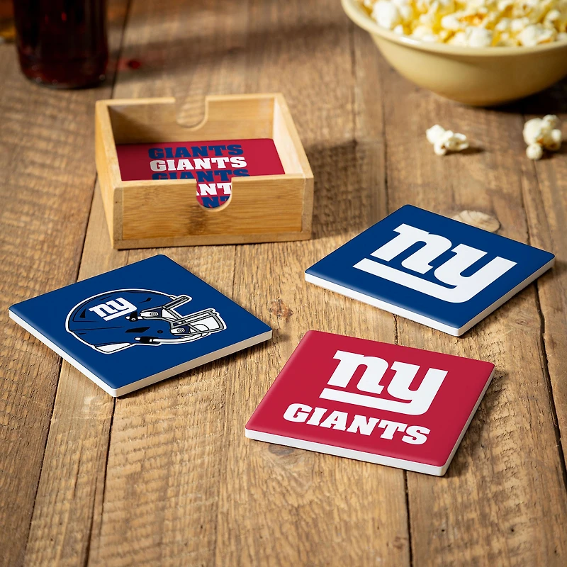 New York Giants Four-Piece Ceramic Coaster Set with Wood Caddy