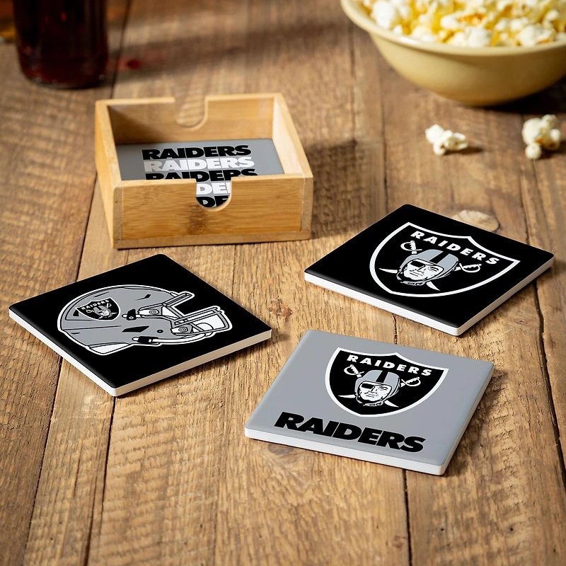 Las Vegas Raiders Four-Piece Ceramic Coaster Set with Wood Caddy
