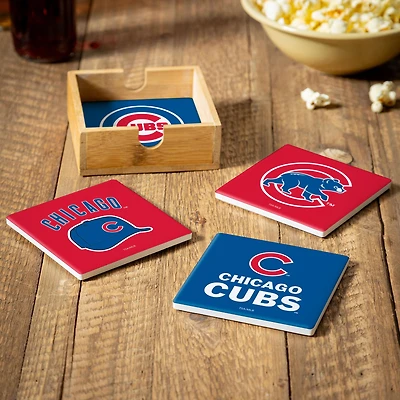 Chicago Cubs Four-Piece Ceramic Coaster Set with Wood Caddy