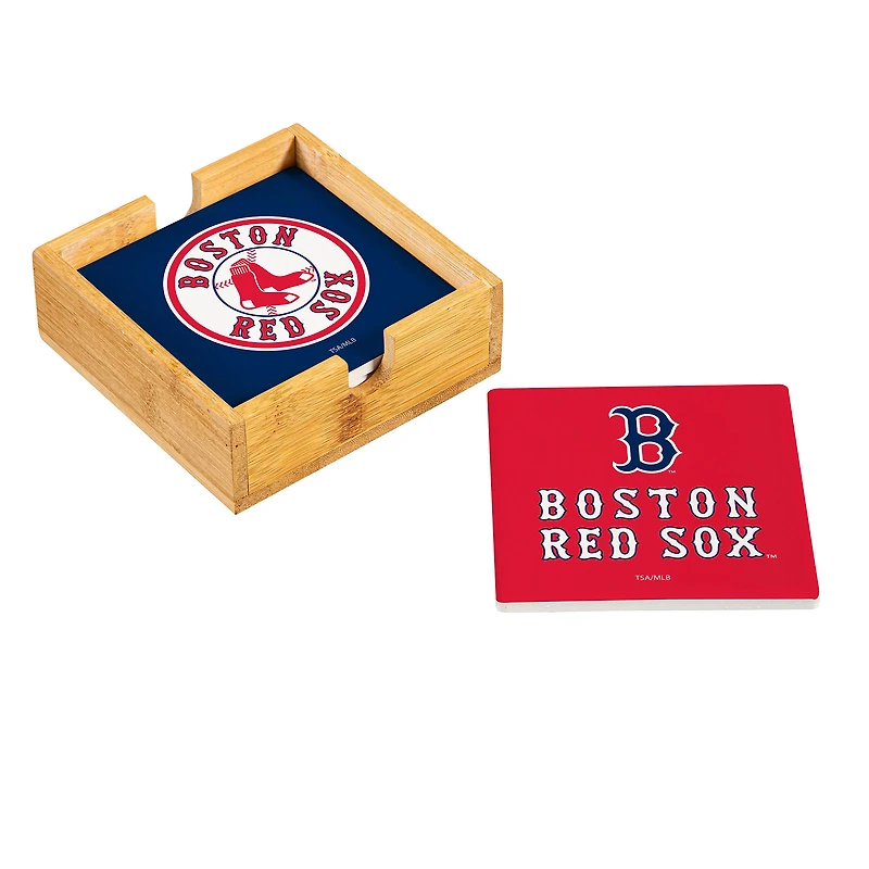 Boston Red Sox Four-Piece Ceramic Coaster Set with Wood Caddy