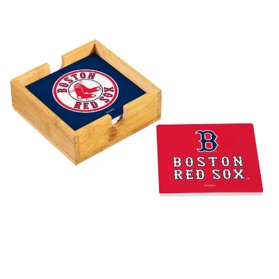 Boston Red Sox Four-Piece Ceramic Coaster Set with Wood Caddy