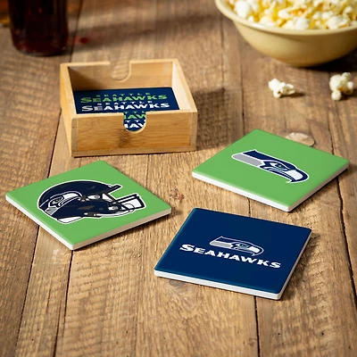Seattle Seahawks Four-Piece Ceramic Coaster Set with Wood Caddy