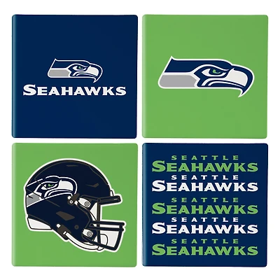 Seattle Seahawks Four-Piece Ceramic Coaster Set with Wood Caddy