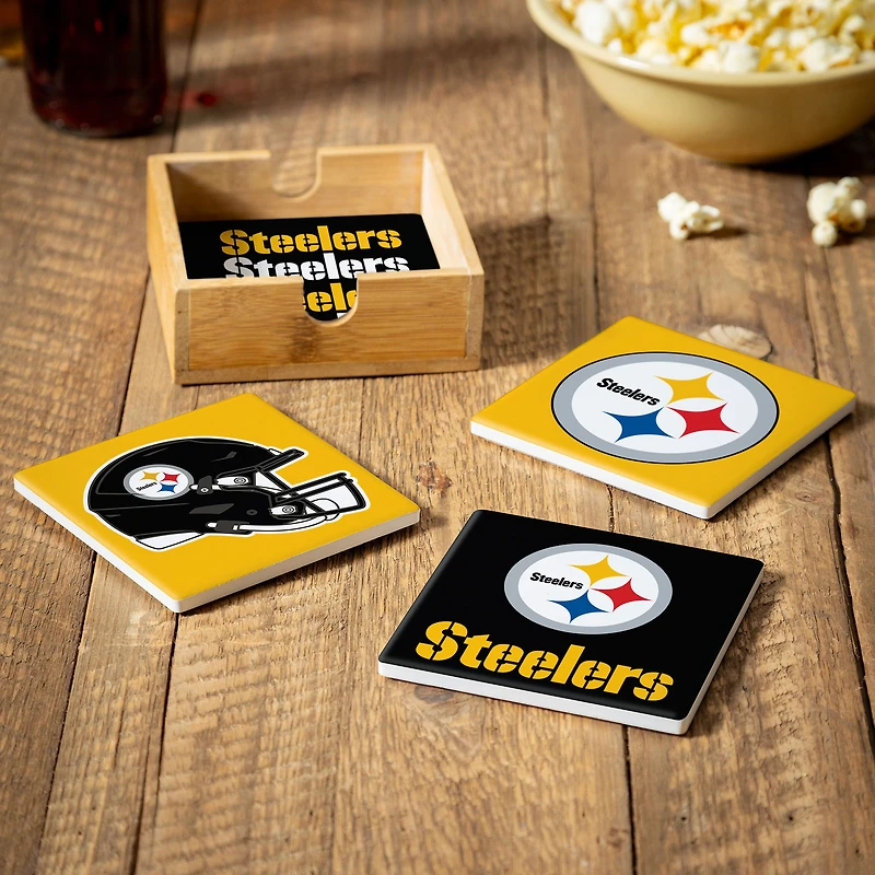 Pittsburgh Steelers Four-Piece Ceramic Coaster Set with Wood Caddy