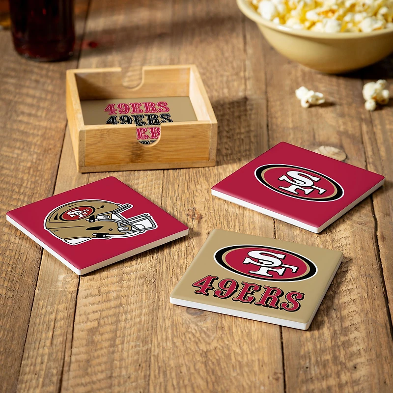 San Francisco 49ers Four-Piece Ceramic Coaster Set with Wood Caddy