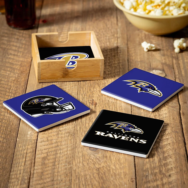 Baltimore Ravens Four-Piece Ceramic Coaster Set with Wood Caddy