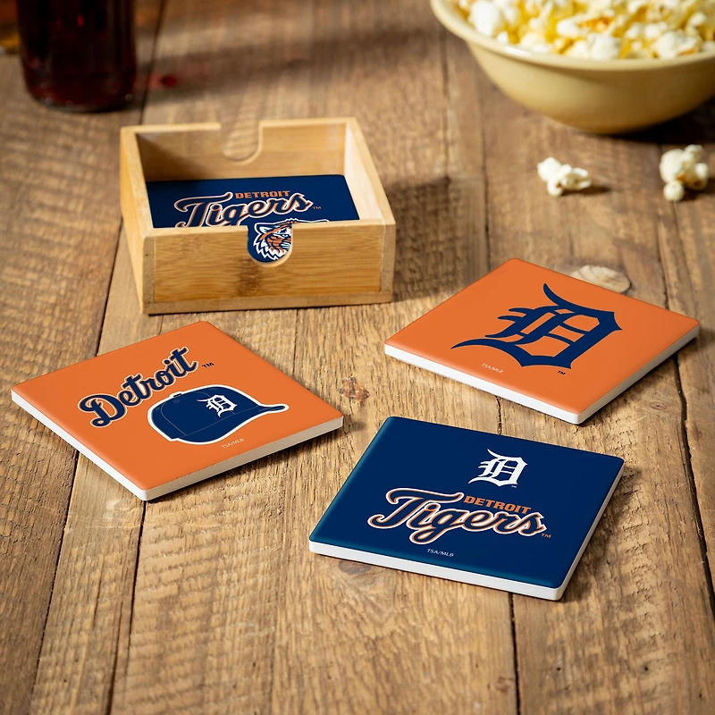 Detroit Tigers Four-Piece Ceramic Coaster Set with Wood Caddy