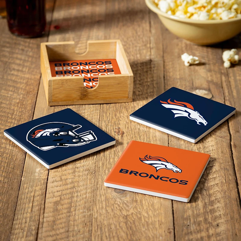 Denver Broncos Four-Piece Ceramic Coaster Set with Wood Caddy