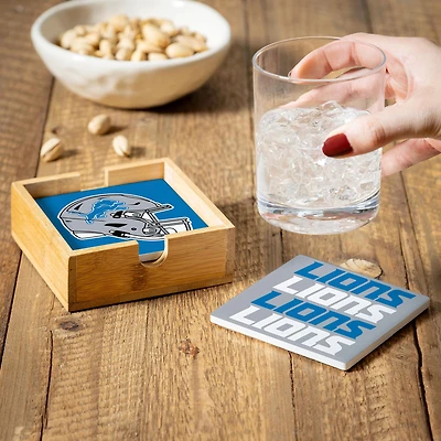 Detroit Lions Four-Piece Ceramic Coaster Set with Wood Caddy