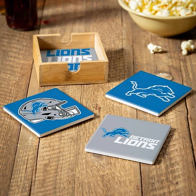 Detroit Lions Four-Piece Ceramic Coaster Set with Wood Caddy