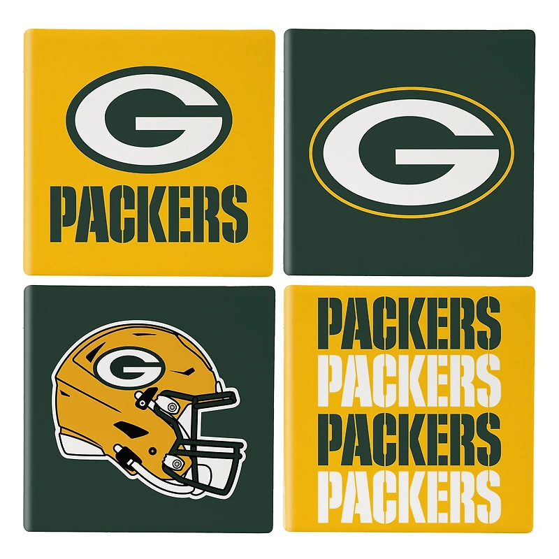 Green Bay Packers Four-Piece Ceramic Coaster Set with Wood Caddy