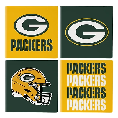 Green Bay Packers Four-Piece Ceramic Coaster Set with Wood Caddy