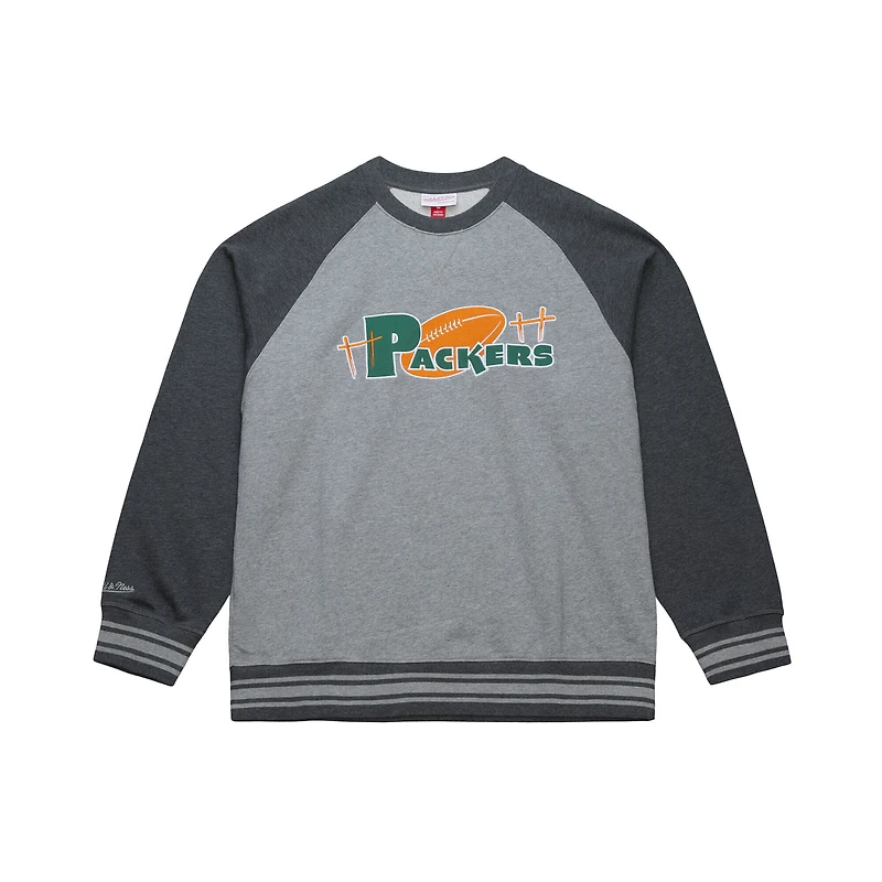 Men's Mitchell & Ness Heather Gray Green Bay Packers  Vintage Logo Legacy Collection Raglan Fleece Sweatshirt