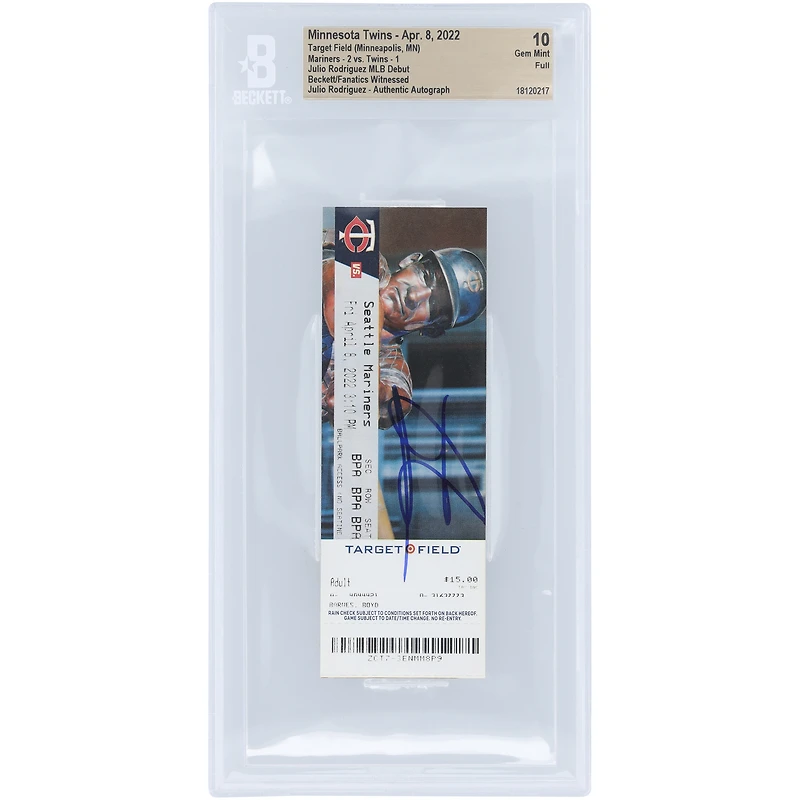 Julio Rodriguez Seattle Mariners Autographed MLB Debut Beckett Fanatics Witnessed Authenticated Gem Mint 10 Ticket from April 8, 2022