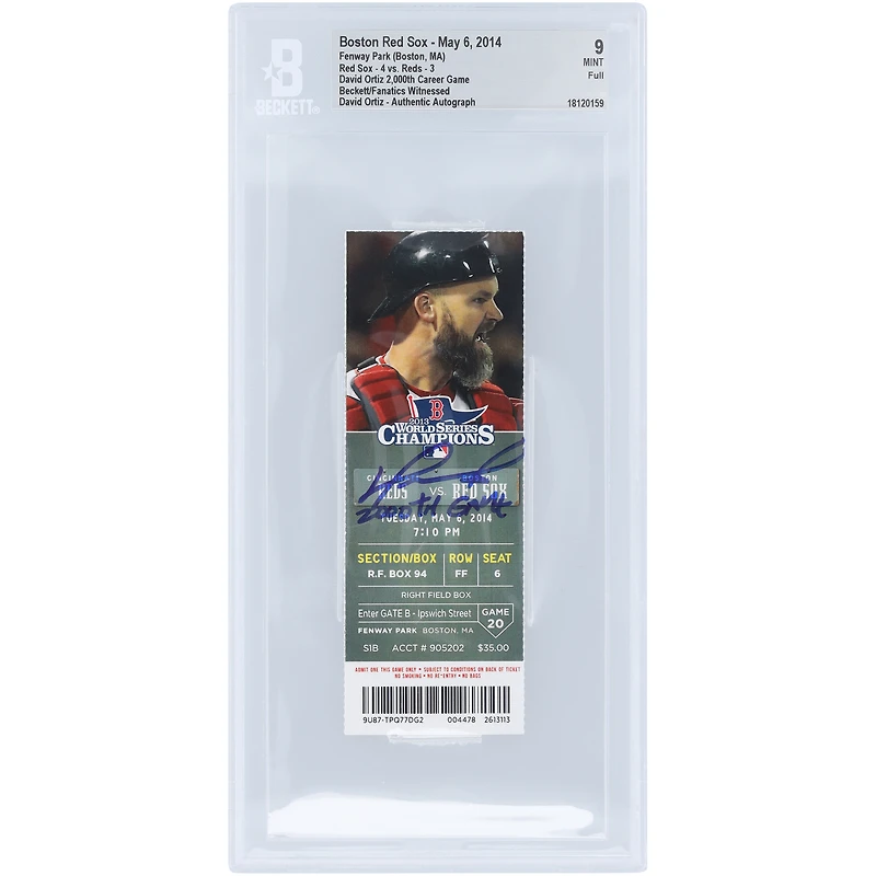 David Ortiz Boston Red Sox Autographed Beckett Fanatics Witnessed Authenticated Mint 9 Ticket from May 6, 2014 with "2000th Game" Inscription