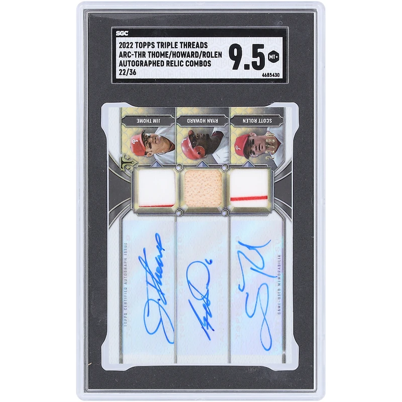Scott Rolen, Ryan Howard & Jim Thome Philadelphia Phillies Autographed 2022 Topps Triple Threads 3 Relic Combo #ARC-THR #22/36 SGC Authenticated 9.5 Card