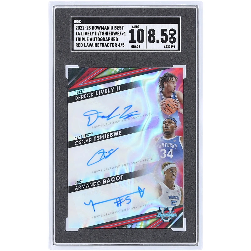 Armando Bacot, Dereck Lively II & Oscar Tshiebwe Autographed 2022-23 Bowman U Best Triple Red Lava Refractor #TA-LTB #4/5 SGC Authenticated 8.5/10 Card