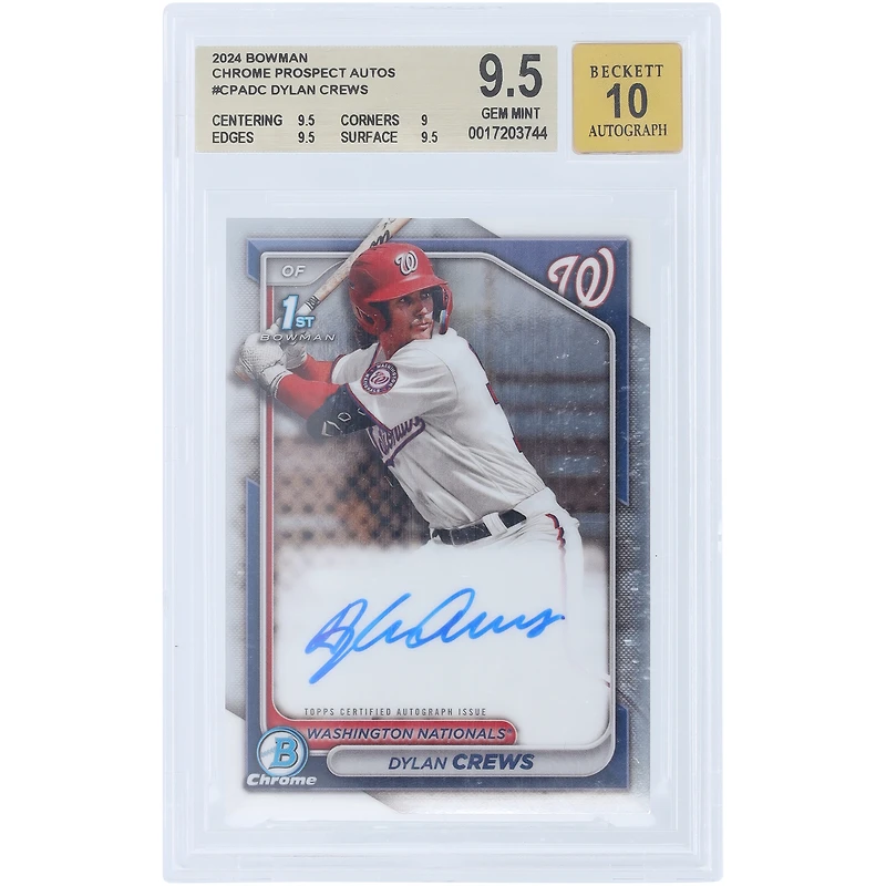 Dylan Crews Washington Nationals Autographed 2024 Bowman Chrome 1st Bowman #CPA-DC BGS Authenticated 9.5/10 Card - 9.5,9,9.5,9.5 Subgrades