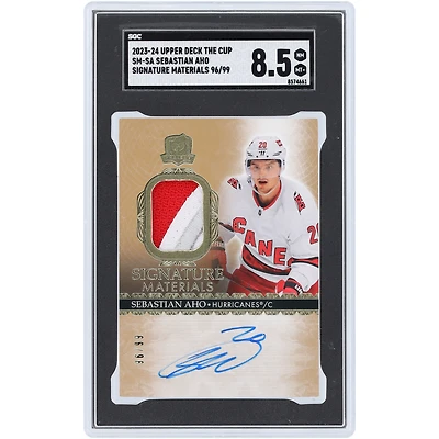 Sebastian Aho Carolina Hurricanes Autographed 2023-24 Upper Deck The Cup Signature Materials Tri-Color Relic #SM-SA #96/99 SGC Authenticated 8.5 Card
