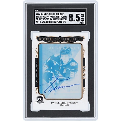 Pavel Mintyukov Anaheim Ducks Autographed 2023-24 Upper Deck The Cup SP Authentic Rookie Masterpieces Cyan Printing Plate #SPA-RFWA-PM #1/1 SGC Authenticated 8.5 Rookie Card