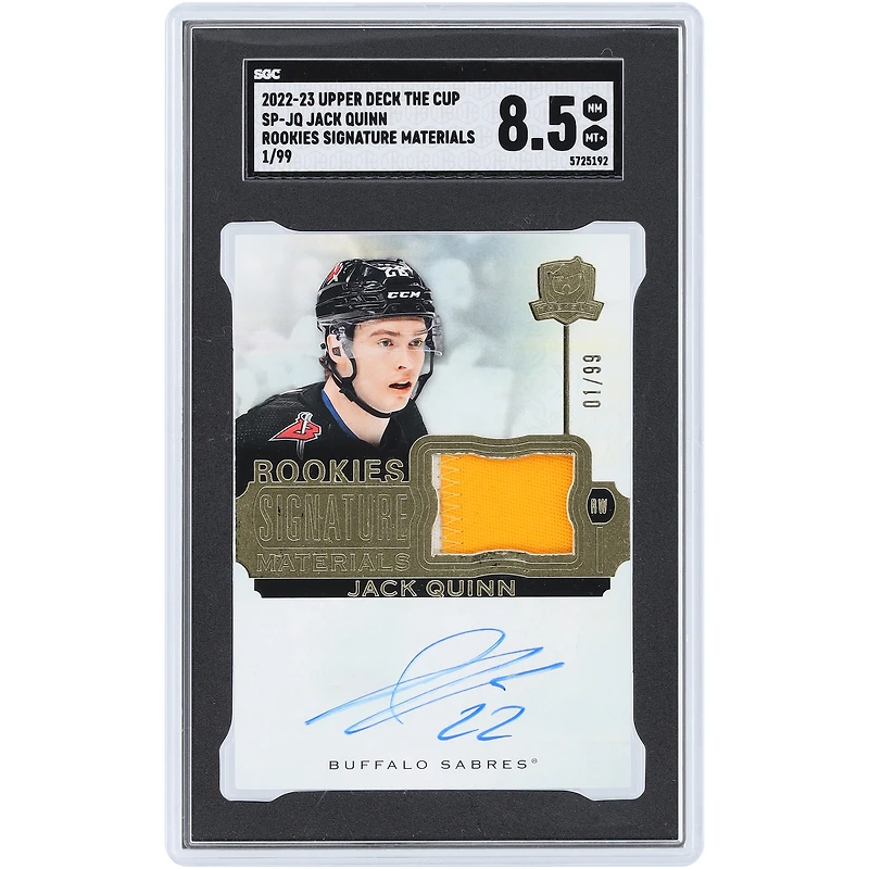Jack Quinn Buffalo Sabres Autographed 2022-23 Upper Deck The Cup Rookie Signature Materials Dual-Color Relic #SP-JQ #1/99 SGC Authenticated 8.5 Rookie Card
