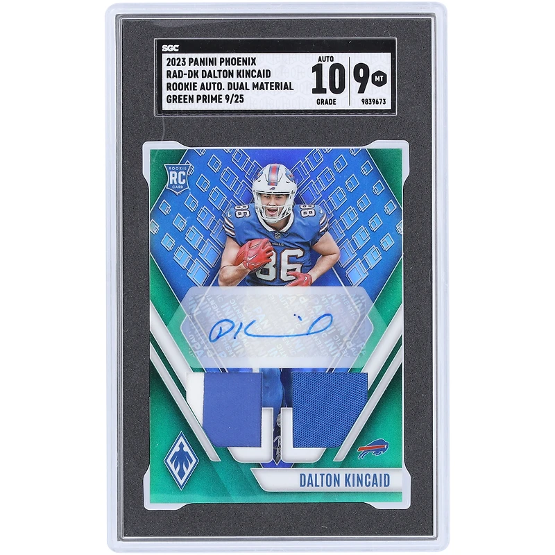 Dalton Kincaid Buffalo Bills Autographed 2023 Panini Phoenix Green Prime Rookie Dual 2-Color Materials Relic #RAD-DK #9/25 SGC Authenticated 9/10 Rookie Card