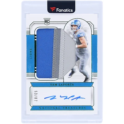 Sam LaPorta Detroit Lions Autographed 2023 Panini National Treasures Green Jersey Number Rookie Materials Tri-Color Relic Sigs #27 #53/87 Rookie Card