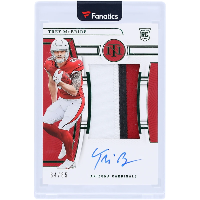 Trey McBride Arizona Cardinals Autographed 2022 Panini National Treasures Green Jersey Number Rookie Patch Tri-Color Relic #180 #64/85 Rookie Card